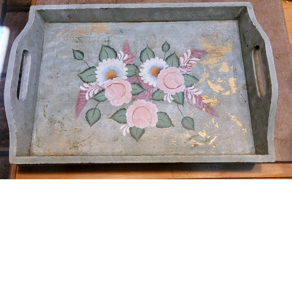 Vintage Hand Painted Floral Wooden Tray Sage Green Pink Roses Gold Leaf 17x12